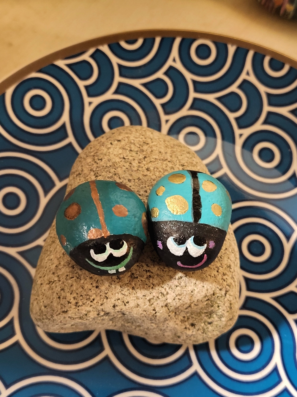 Hand-Painted Blue and Gold Decorative Ladybug Stone Set - Home Accents - Picture 4 of 10